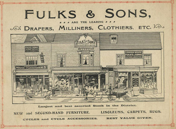 Fulks' advert with drawing of shops